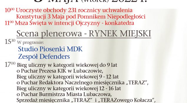 We wtorek 3 maja w Lubaczowie odbędzie się Majówka z miesięcznikiem “Teraz”.